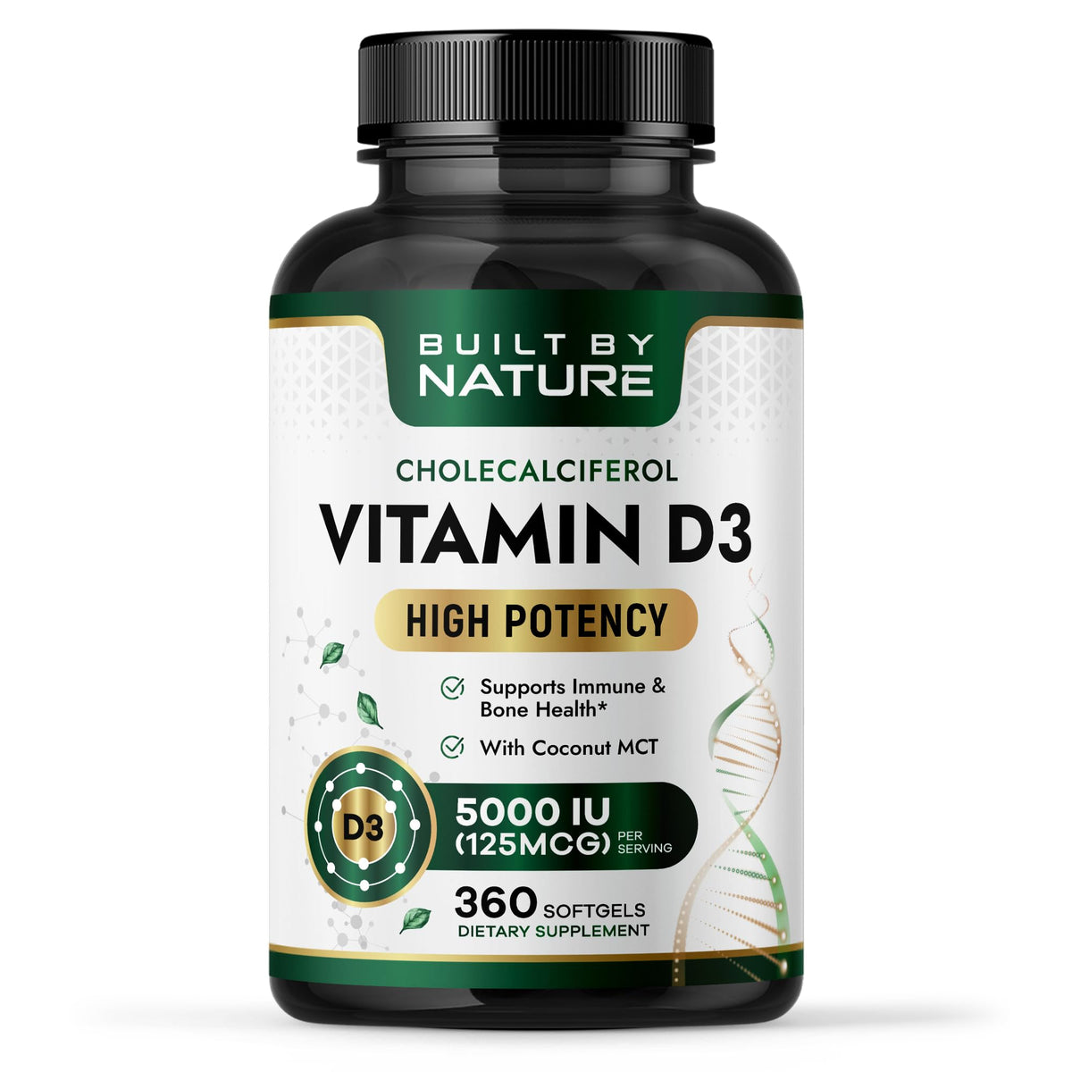 Flacon de Vitamine D3 5000 IU Built by Nature avec 360 mini gélules