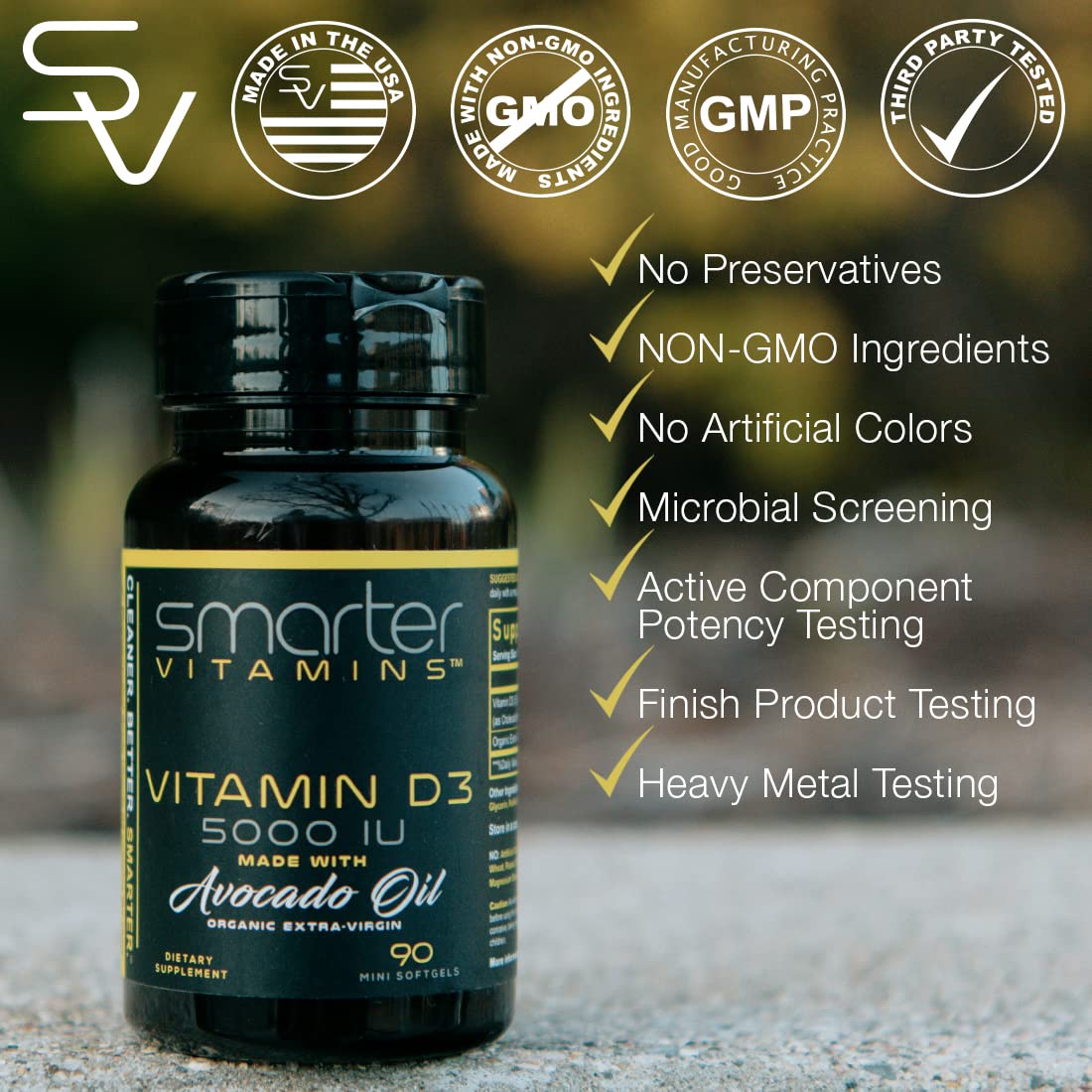 Flacon de Vitamine D3 5000 IU de SmarterVitamins, étiquette visible