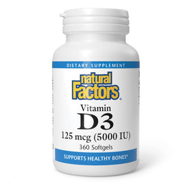 Flacon de Vitamine D3 5000 IU Natural Factors avec 360 gélules softgel