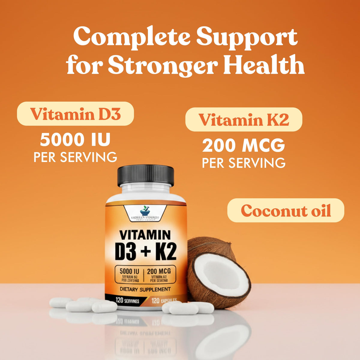 Flacon de Vitamine D3 5000 UI et K2 200mcg ouvert avec capsules