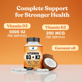Flacon de Vitamine D3 5000 UI et K2 200mcg ouvert avec capsules