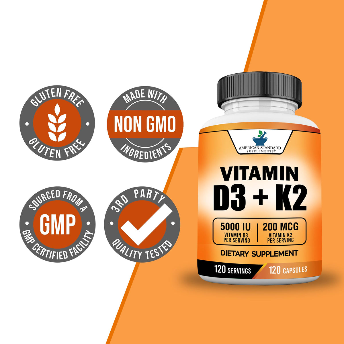 Flacon de Vitamine D3 5000 UI et K2 avec capsules à côté