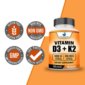 Flacon de Vitamine D3 5000 UI et K2 avec capsules à côté