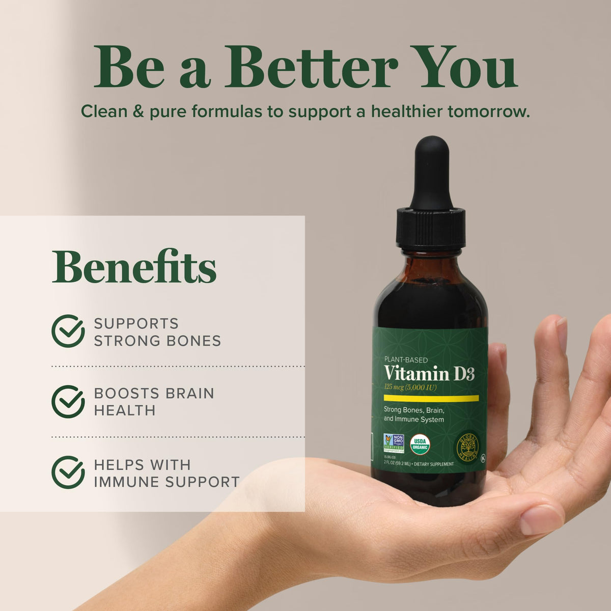 Flacon de Vitamine D3 5000 UI Global Healing Center sur une surface en bois