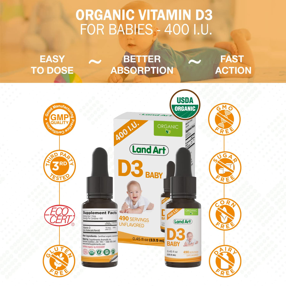 Flacon de Vitamine D3 Bébé Land Art sur une table avec des accessoires pour bébés