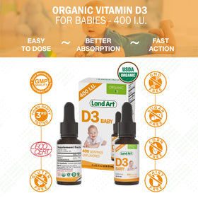 Flacon de Vitamine D3 Bébé Land Art sur une table avec des accessoires pour bébés