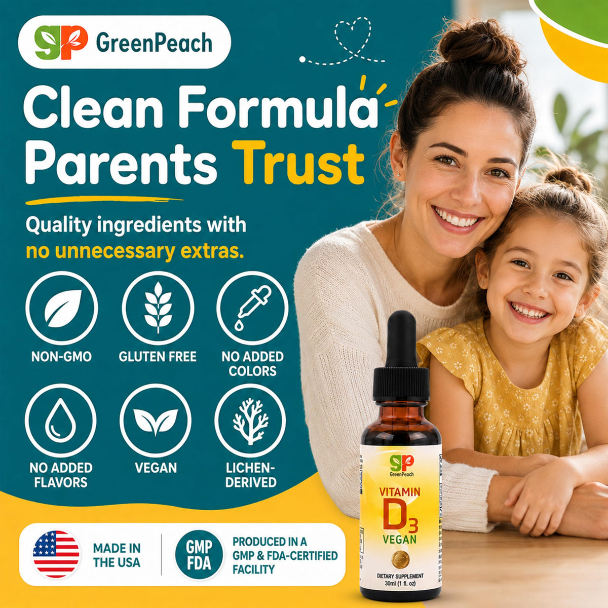 Flacon de vitamine D3 bio GreenPeach avec étiquette visible