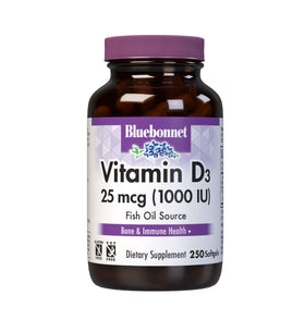 Flacon de Vitamine D3 BlueBonnet 1000 IU avec 250 gélules molles