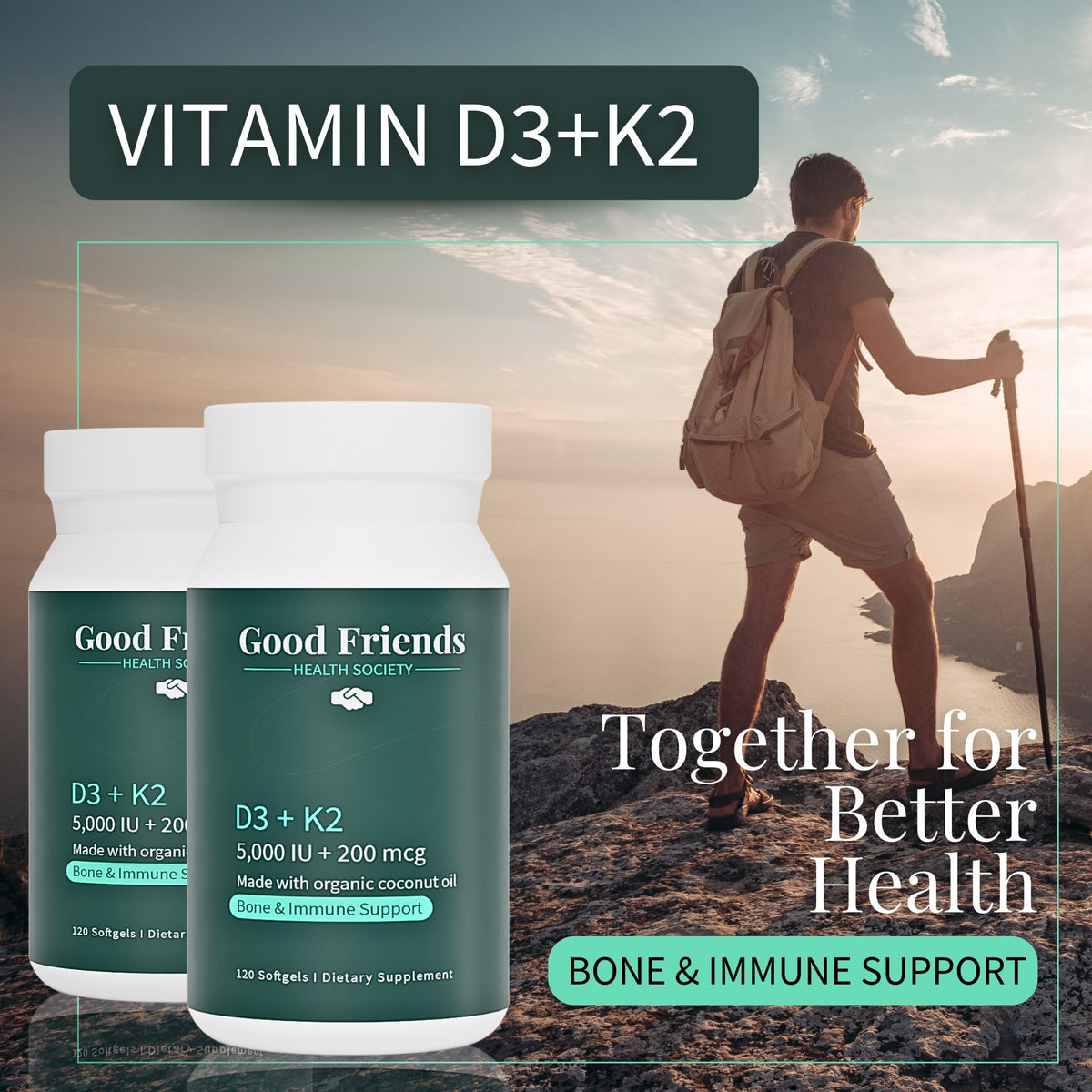 Flacon de Vitamine D3 et K2 avec des ingrédients naturels en arrière-plan