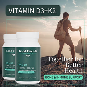 Flacon de Vitamine D3 et K2 avec des ingrédients naturels en arrière-plan