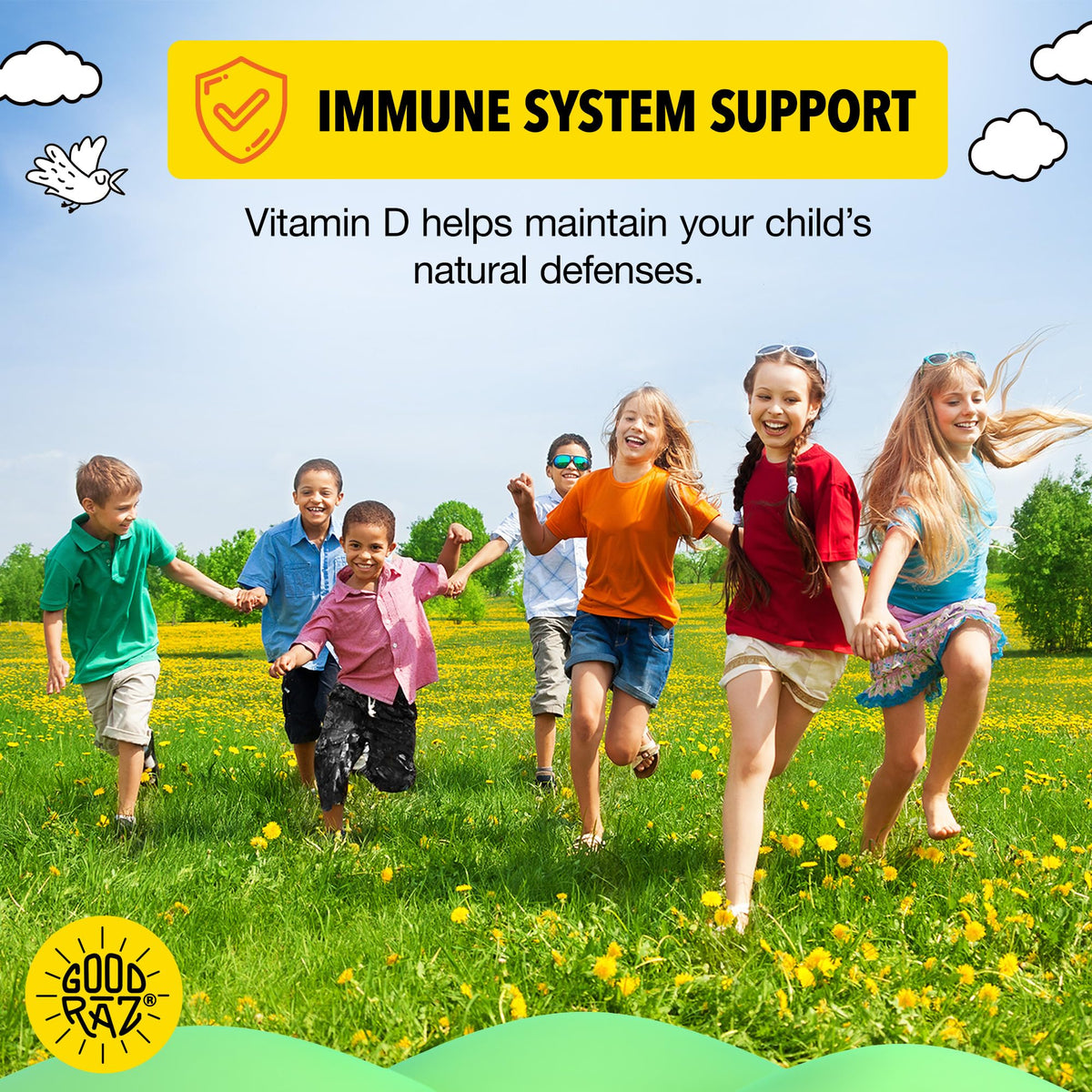 Flacon de vitamine D3 Good Raz ouvert avec gouttes visibles