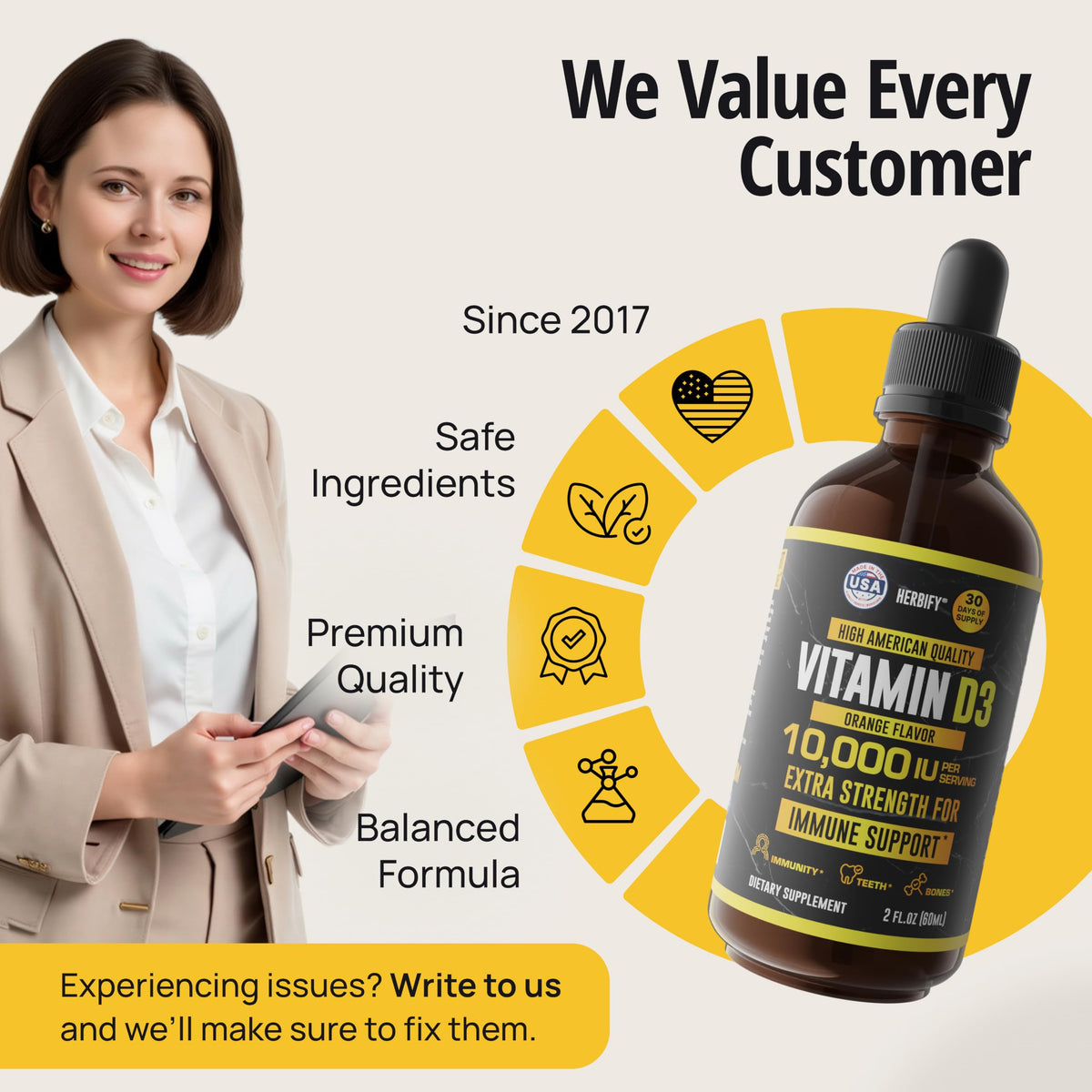 Flacon de vitamine D3 HERBIFY avec son bouchon ouvert