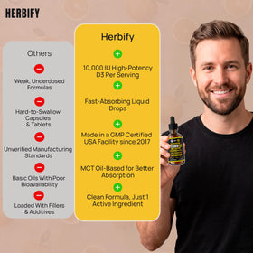 Flacon de vitamine D3 HERBIFY sur un fond neutre