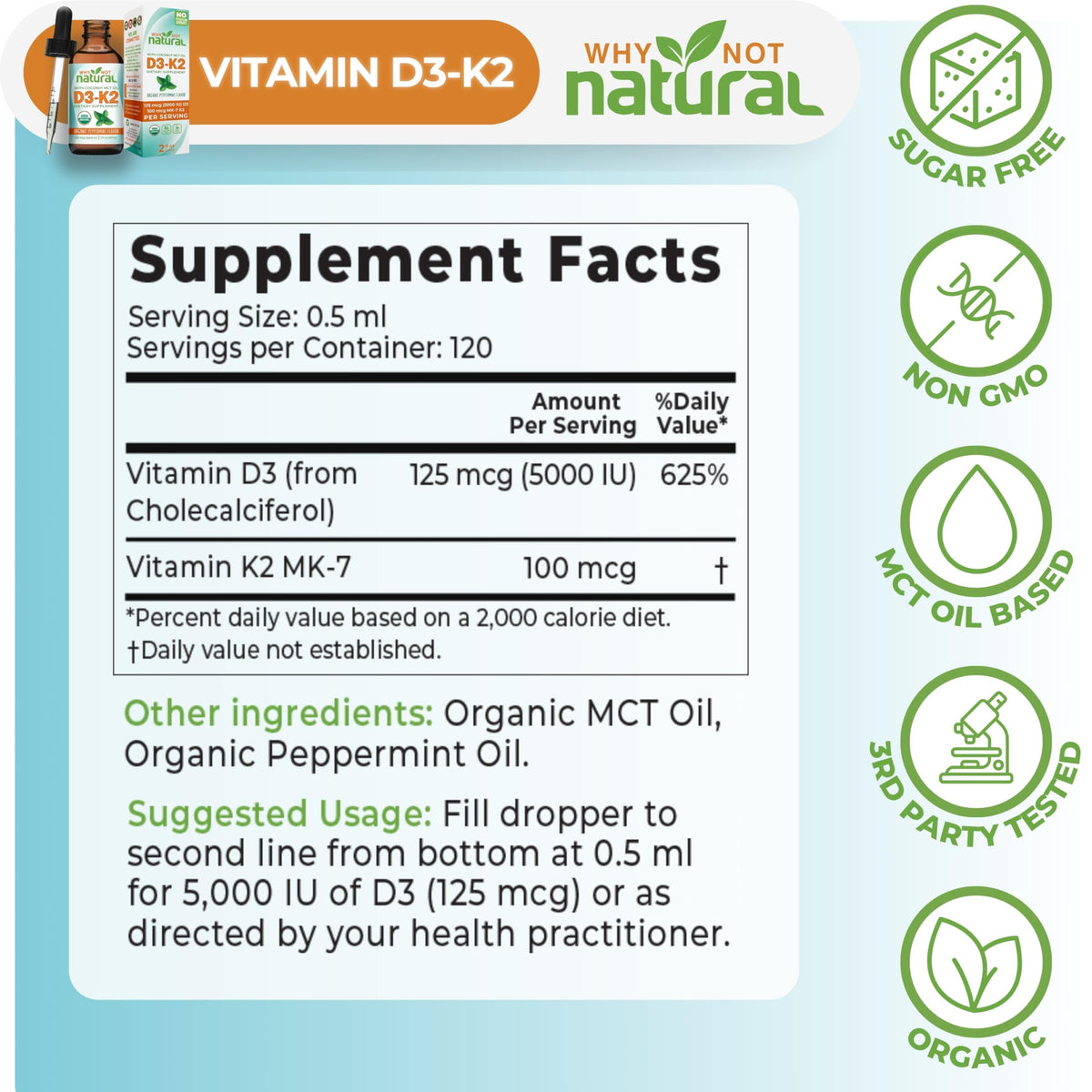 Flacon de Vitamine D3 K2 5000 IU sur un fond neutre