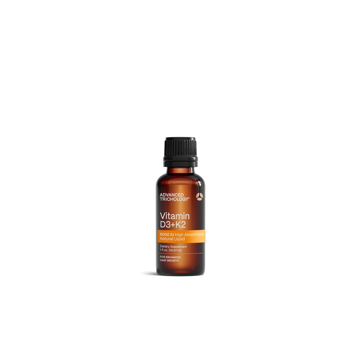 Flacon de Vitamine D3 + K2 Advanced Trichology 5000 IU, vue de face