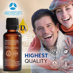 Flacon de Vitamine D3 + K2 Advanced Trichology avec gouttes visibles