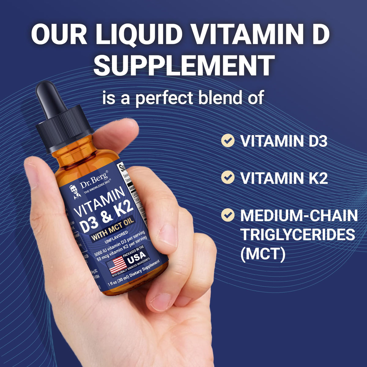 Flacon de Vitamine D3 K2 Dr. Berg sur une table en bois