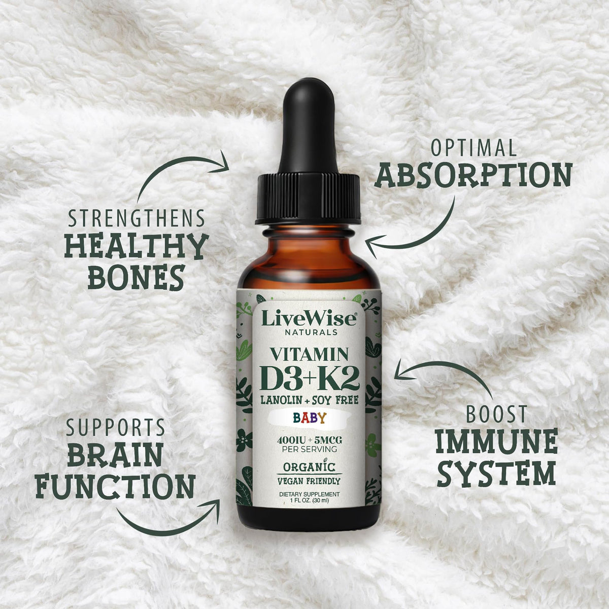 Flacon de Vitamine D3 K2 Live Wise Naturals avec bouchon ouvert