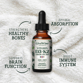 Flacon de Vitamine D3 K2 Live Wise Naturals avec bouchon ouvert