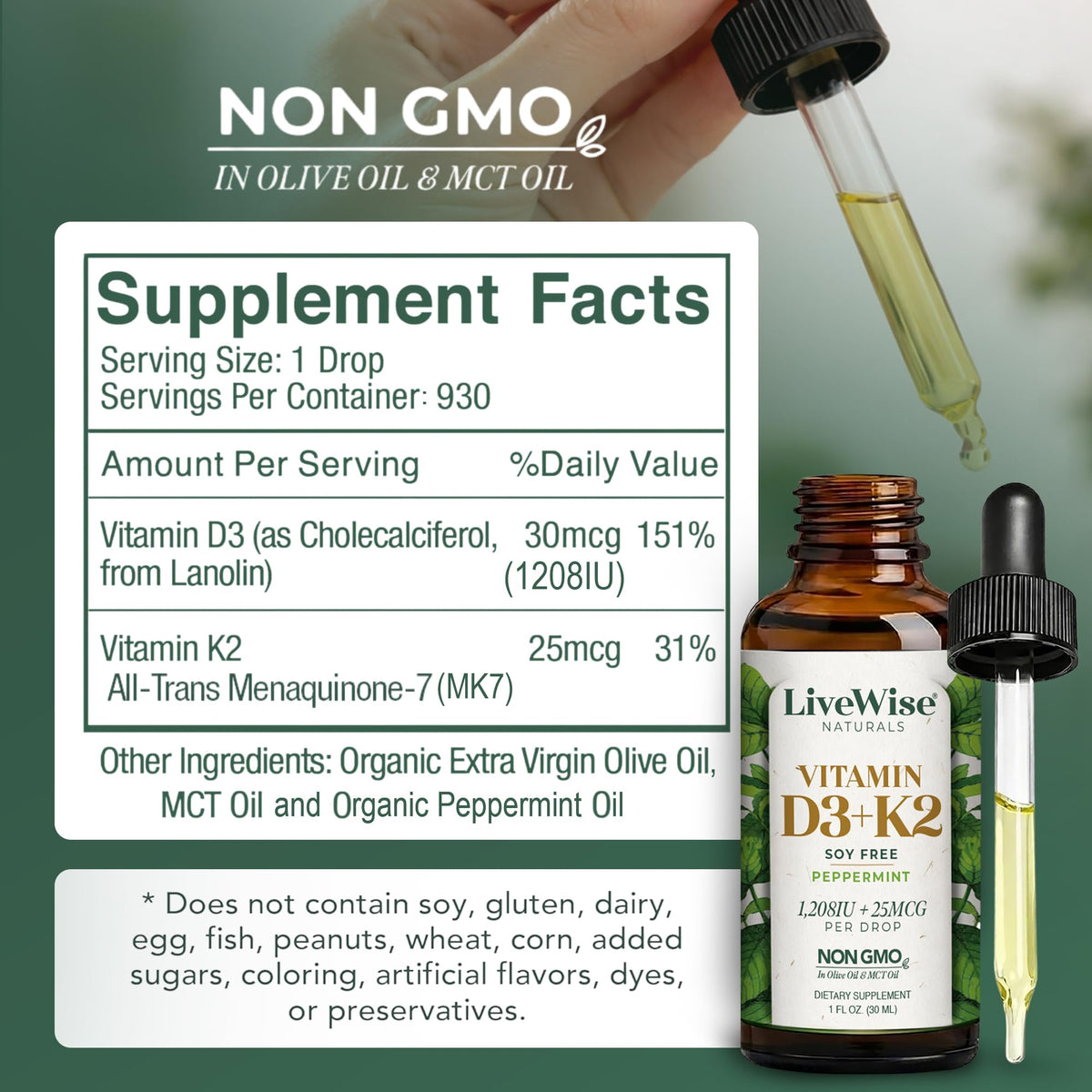 Flacon de vitamine D3 K2 Live Wise Naturals sur une surface en bois
