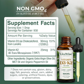 Flacon de vitamine D3 K2 Live Wise Naturals sur une surface en bois