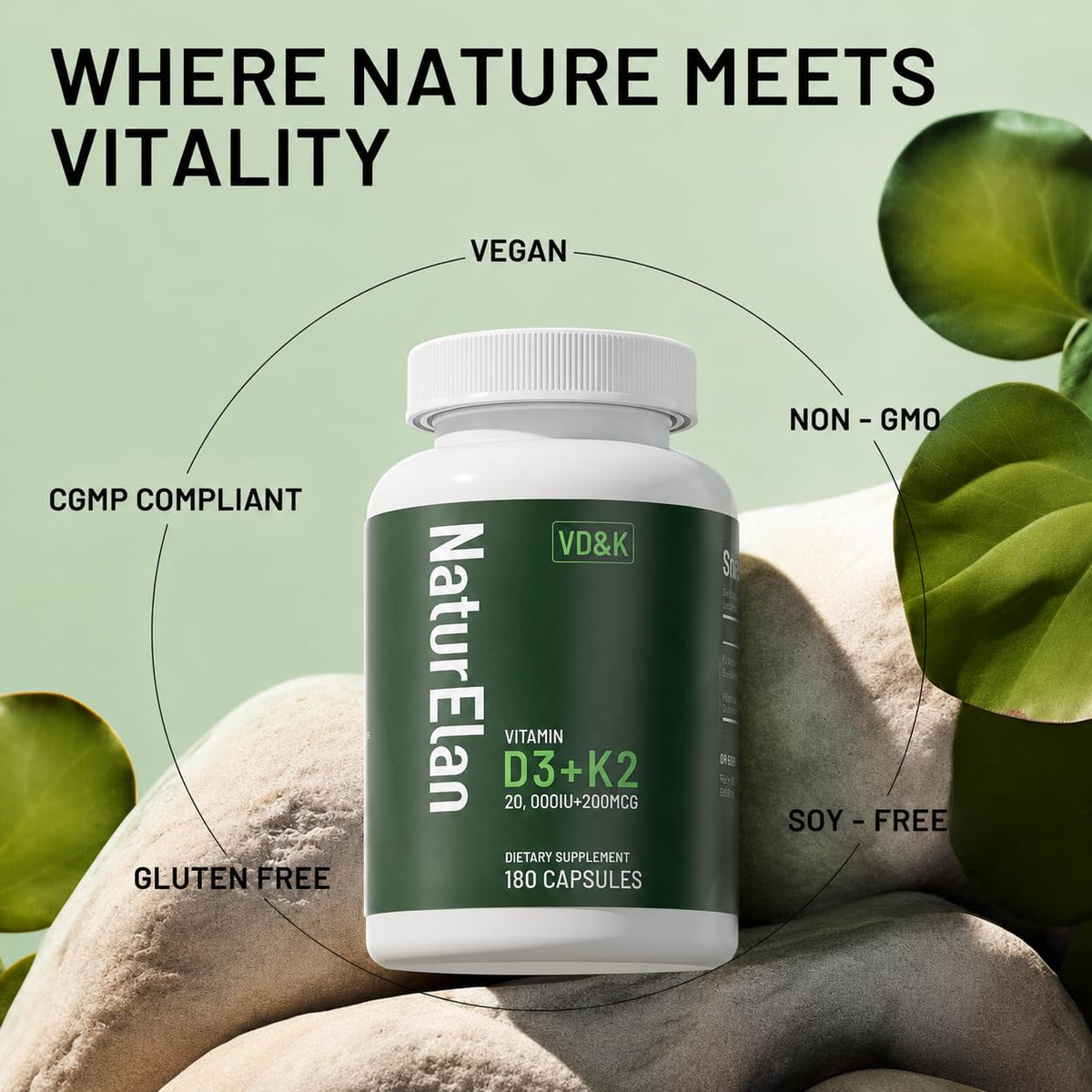 Flacon de Vitamine D3 K2 NaturElan avec fond blanc