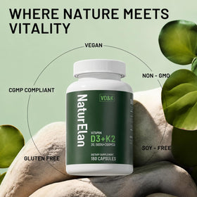 Flacon de Vitamine D3 K2 NaturElan avec fond blanc