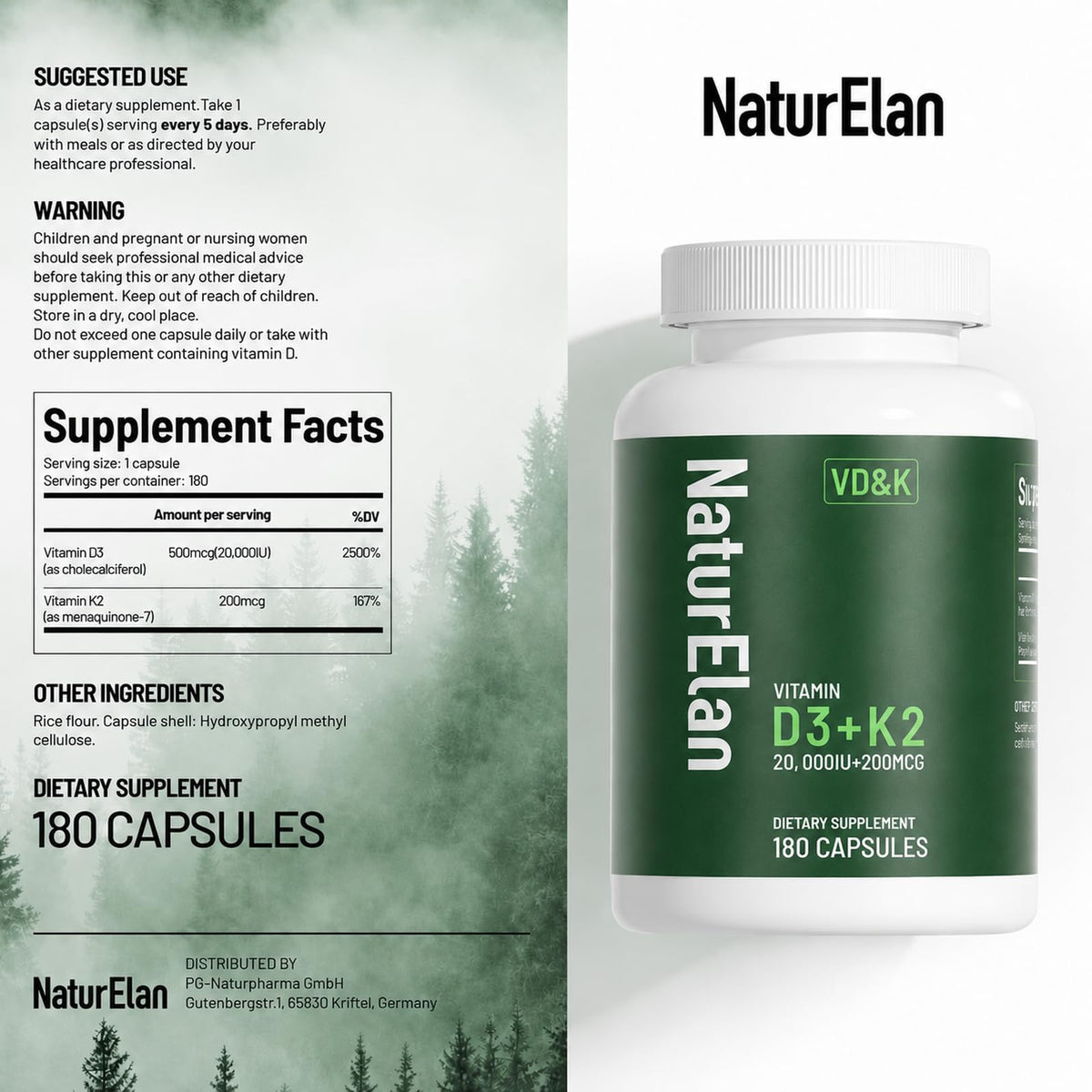 Flacon de Vitamine D3 K2 NaturElan sur une table en bois