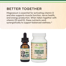 Flacon de vitamine D3 + K2 sur une table avec des plantes