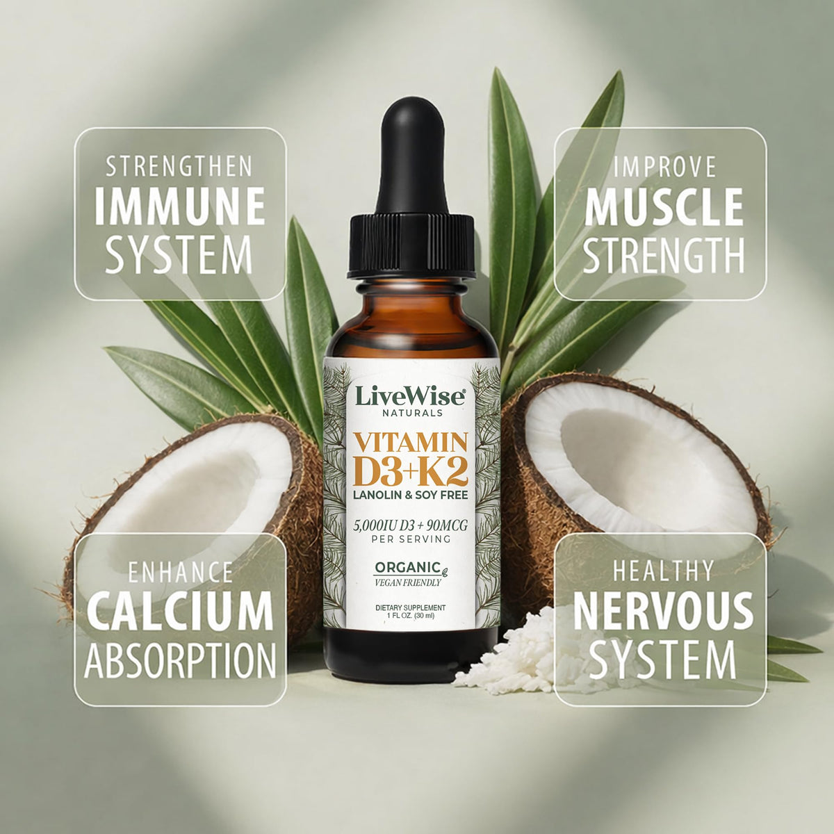 Flacon de vitamine D3 K2 Vegan sur un fond blanc