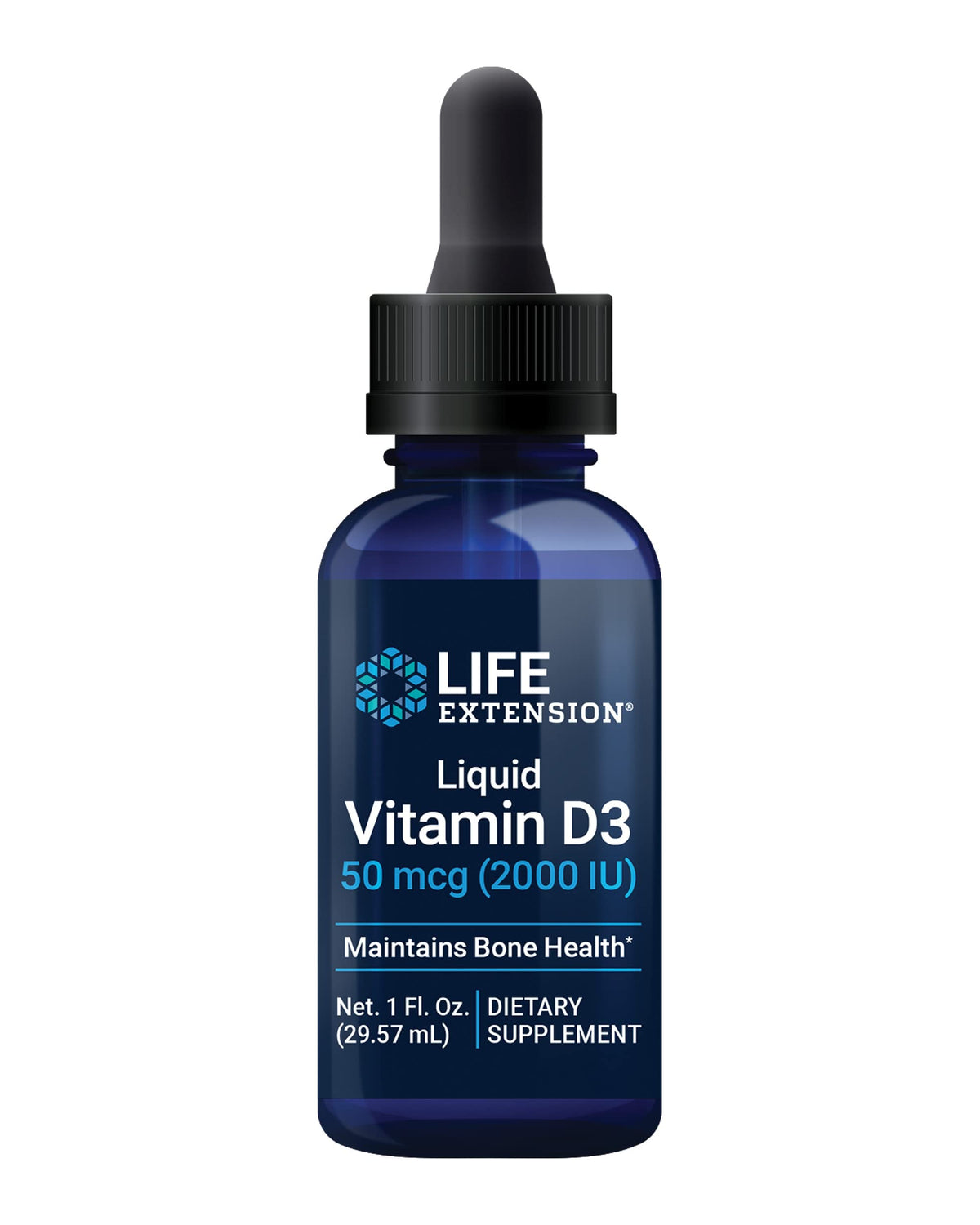 Flacon de Vitamine D3 Life Extension 50 mcg 29,57 ml vue de face