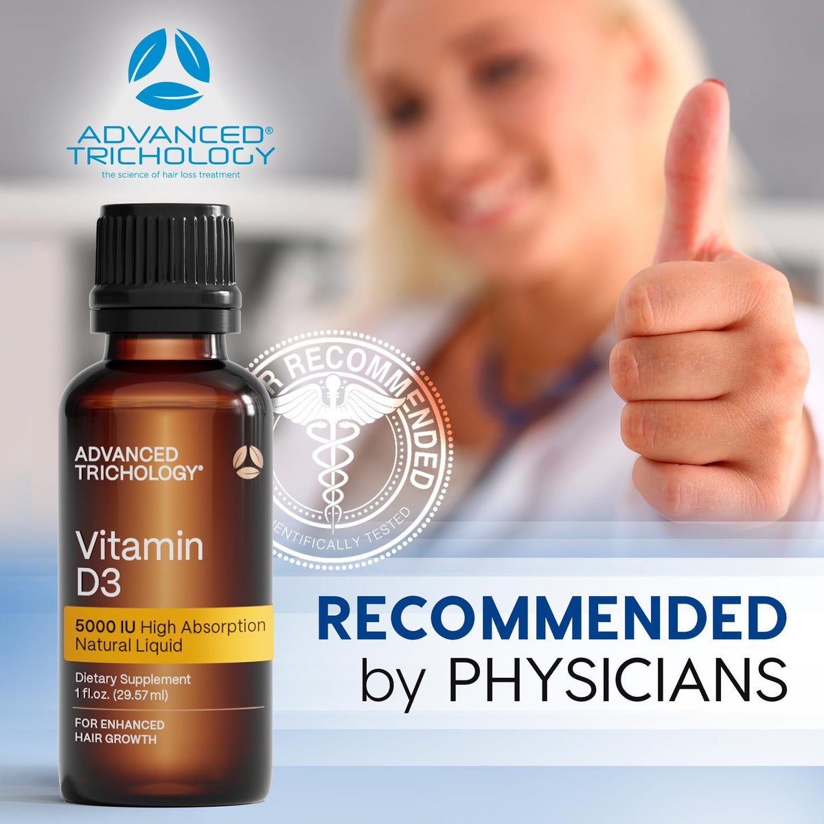 Flacon de vitamine D3 liquide 5000 IU Advanced Trichology avec goutteur