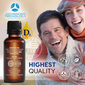 Flacon de vitamine D3 liquide 5000 IU Advanced Trichology sur fond blanc