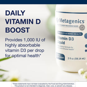 Flacon de Vitamine D3 liquide Metagenics avec étiquette visible