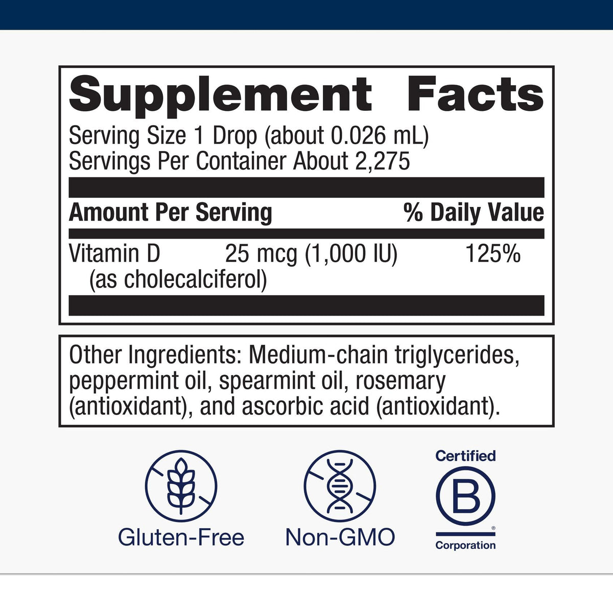 Flacon de Vitamine D3 liquide Metagenics sur un fond neutre