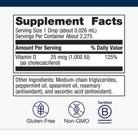 Flacon de Vitamine D3 liquide Metagenics sur un fond neutre