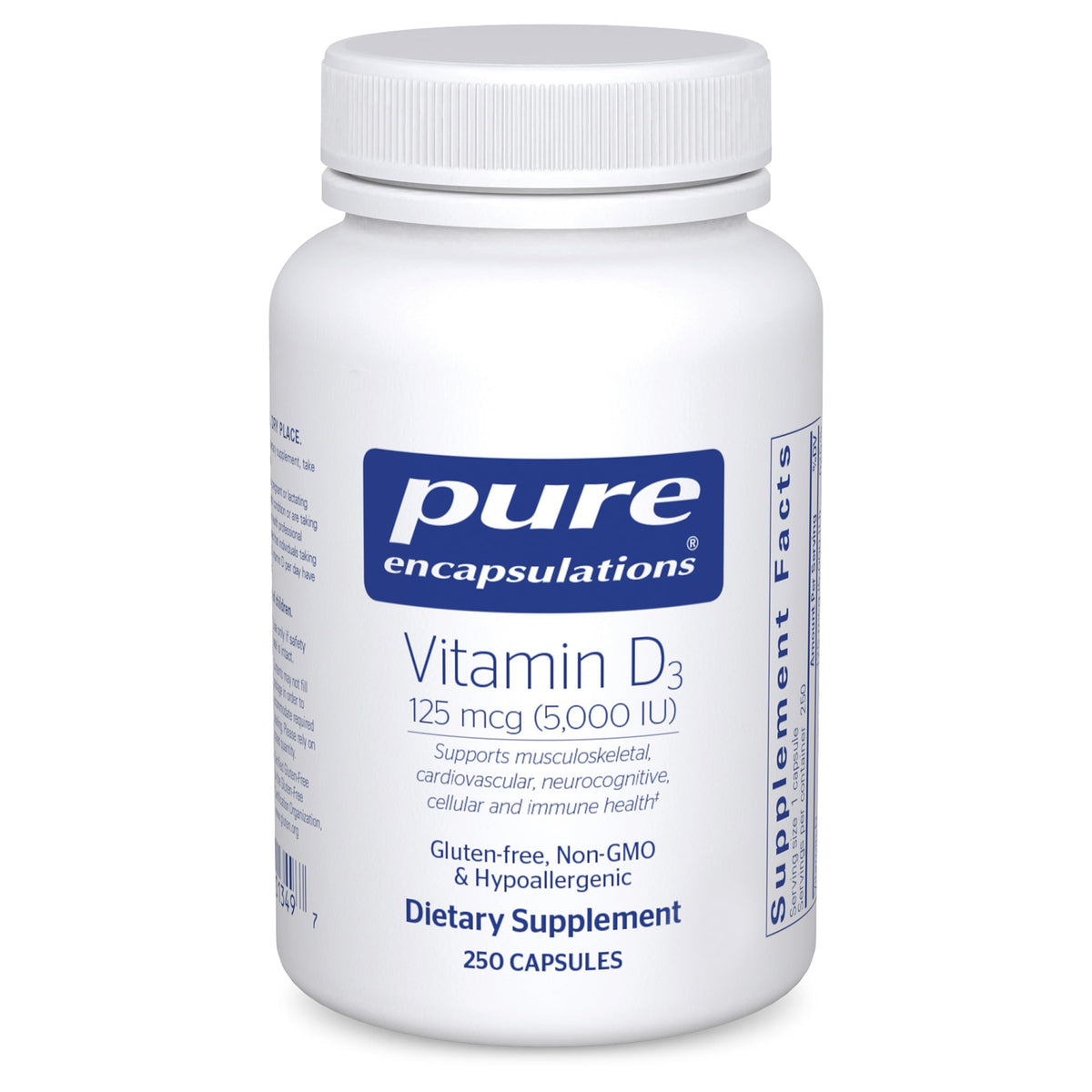 Flacon de Vitamine D3 Pure Encapsulations 125 mcg 250 capsules