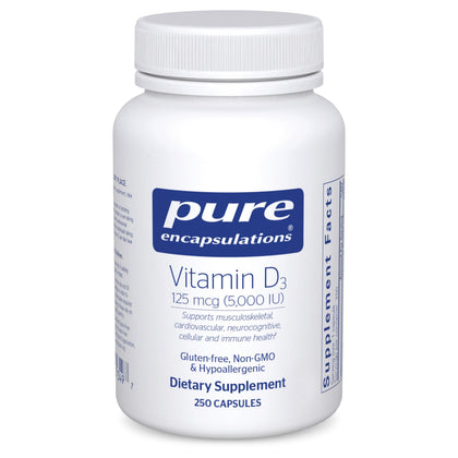 Flacon de Vitamine D3 Pure Encapsulations 125 mcg 250 capsules