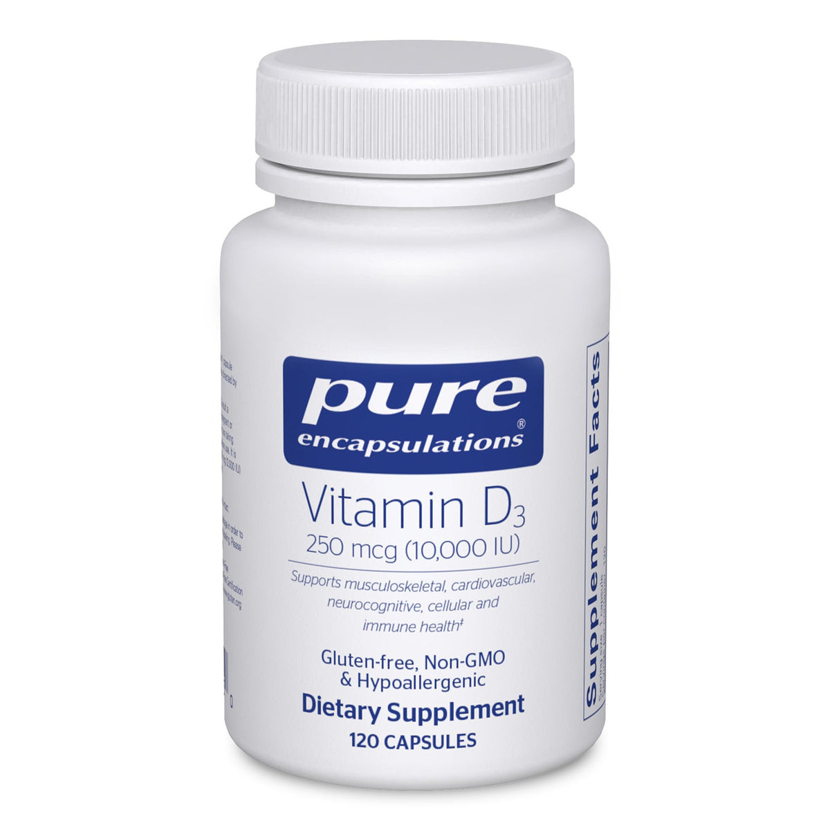 Flacon de Vitamine D3 Pure Encapsulations 250 mcg 120 Capsules vue de face
