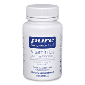 Flacon de Vitamine D3 Pure Encapsulations 250 mcg 120 Capsules vue de face