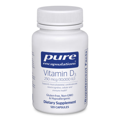 Flacon de Vitamine D3 Pure Encapsulations 250 mcg 120 Capsules vue de face
