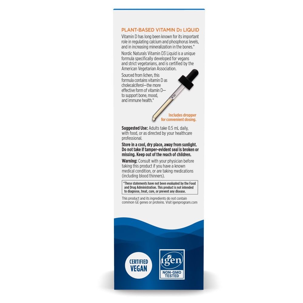 Flacon de Vitamine D3 Végétale Liquide Nordic Naturals avec des ingrédients