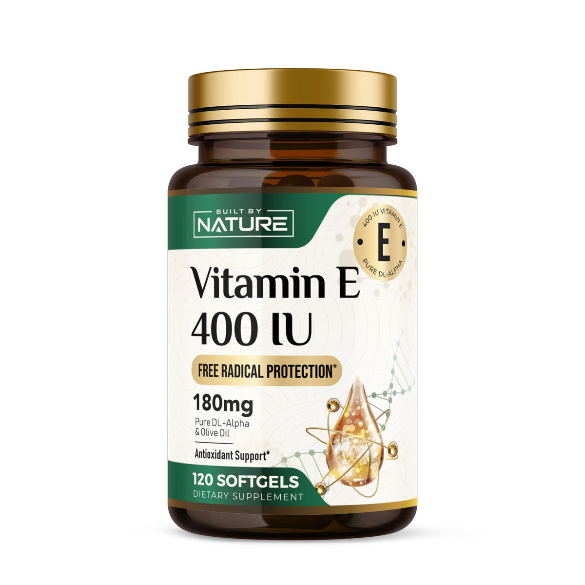 Flacon de Vitamine E avec Huile d'Olive Built by Nature 400 IU 120 gélules