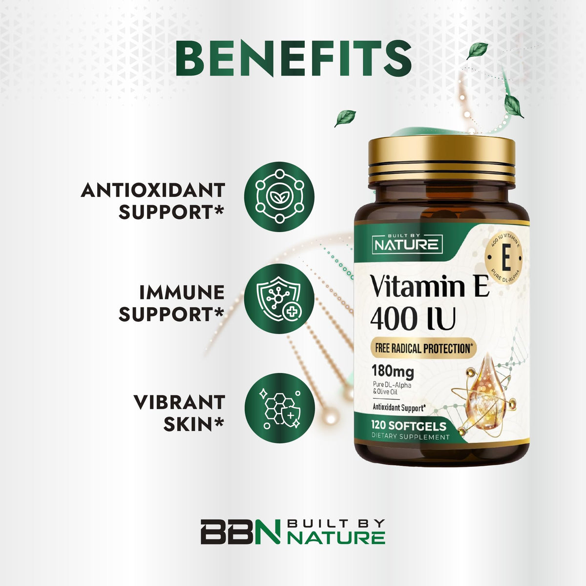 Flacon de Vitamine E avec Huile d'Olive Built by Nature ouvert montrant les gélules