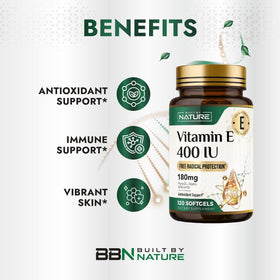 Flacon de Vitamine E avec Huile d'Olive Built by Nature ouvert montrant les gélules