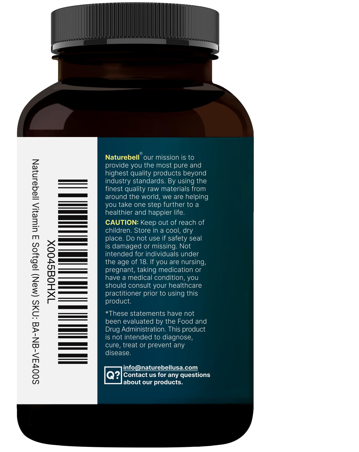 Flacon de vitamine E NatureBell sur une table en bois