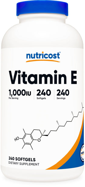 Flacon de Vitamine E Nutricost 1 000 UI 240 gélules souples