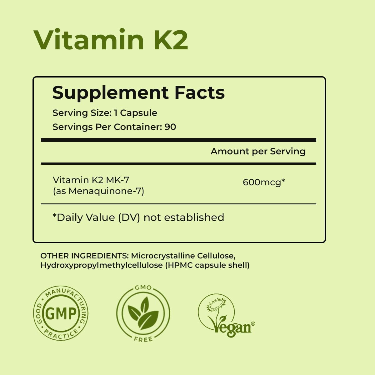 Flacon de vitamine K2 MK7 NutriZing affichant les ingrédients