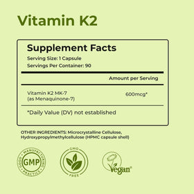 Flacon de vitamine K2 MK7 NutriZing affichant les ingrédients