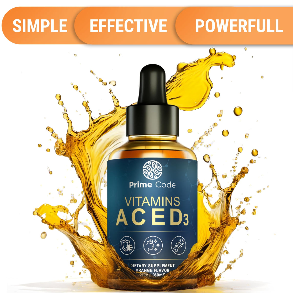 Flacon de vitamines A, C, D3 et E sur fond blanc